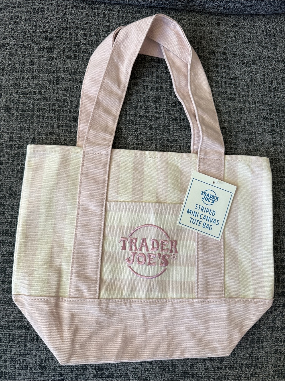 NWT Trader Joe’s Summer 2026 Mini Canvas Tote Bag, Pastel Pink Stripes